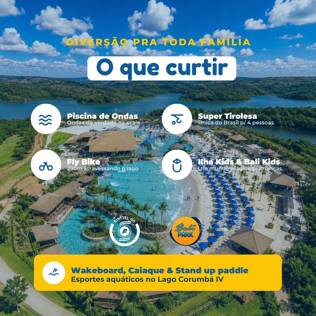 Atrações do Bali Park - piscina de ondas, super tirolesa, fly bike, ilha kids, wakeboard, caiaque e stand up paddle